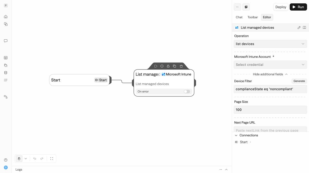 Microsoft Intune List Devices operation with a noncompliant-device filter in AACFlow