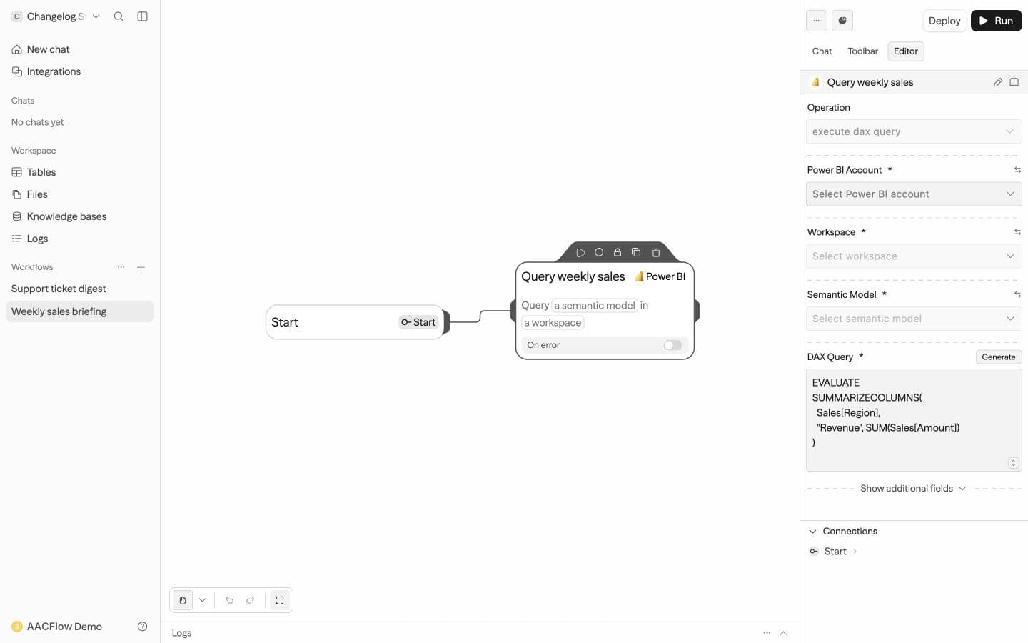 Power BI query configuration using a sample sales model in AACFlow